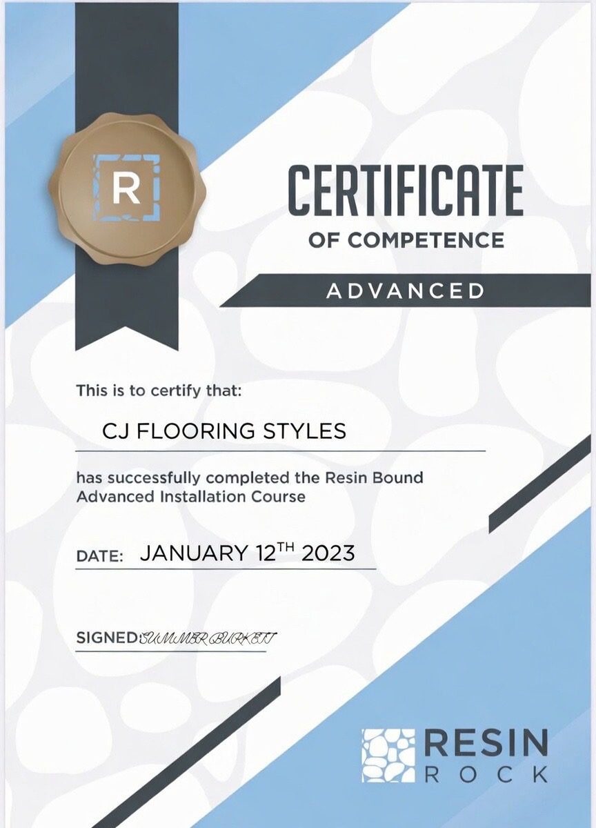 Resin Rock official certification awarded to CJ FLOOR STYLE to install Spanish Marble Resin Bound floors.